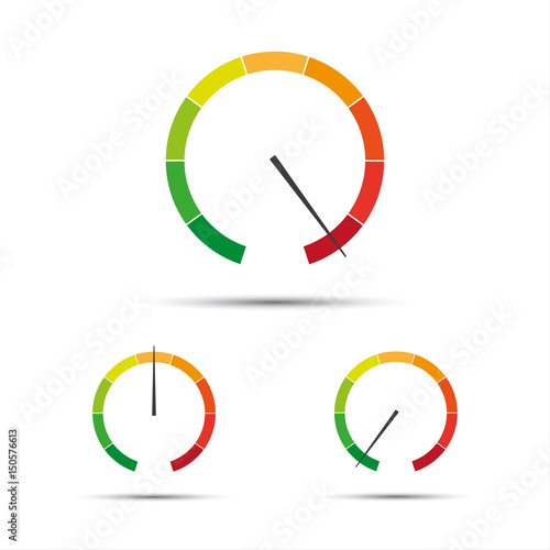 Set of simple vector tachometers with indicators in red, yellow and green part,  speedometer icon, performance measurement symbol isolated on white background