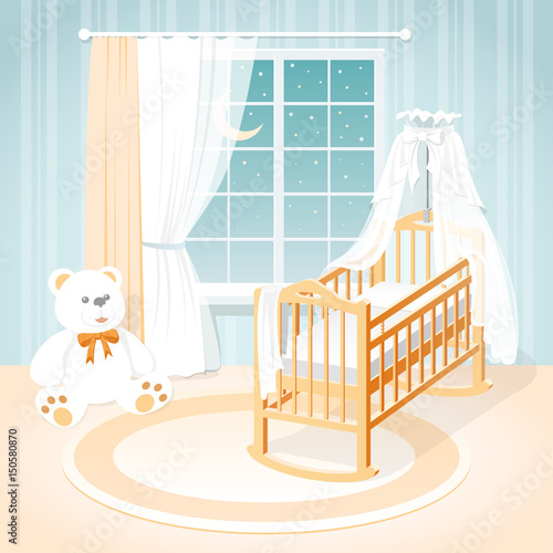 Children's room with a window, a cot and toys.