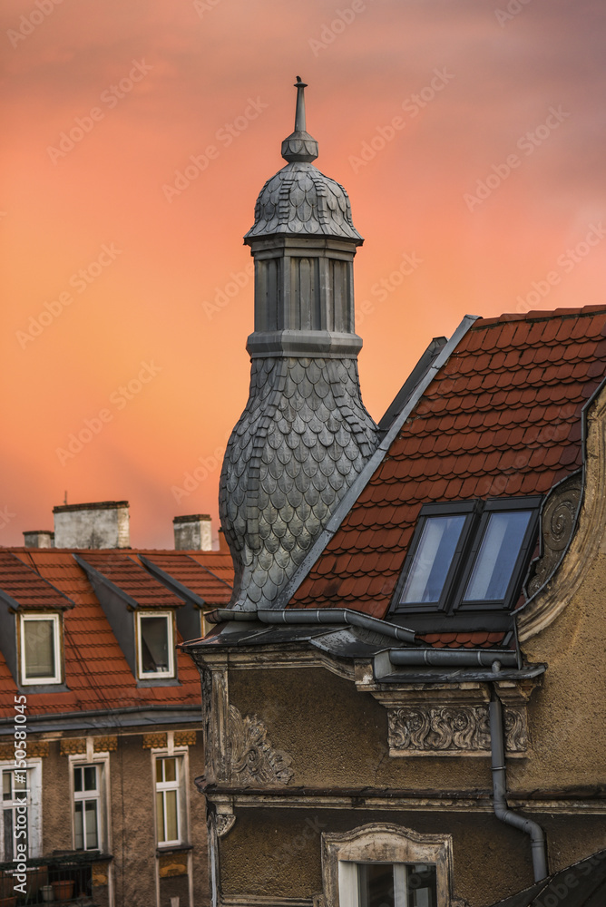 Roof turret of a townhouse during sunset