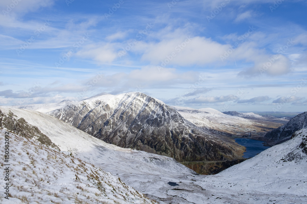 Pen yr Ole Wen and Ogwen Valley with snow in winter seen from Foel Goch ridge above Cwm Cywion in mountains of Snowdonia National Park. Gwynedd, North Wales, UK, Britain, Europe