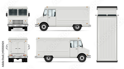 Food Truck Vector Template For Car Branding And Advertising. Isolated Delivery Van On White. All layers and groups well organized for easy editing and recolor. View from side; front; back; top.