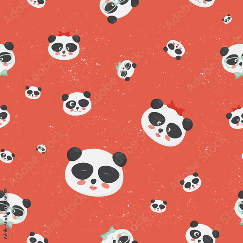 Fototapeta Naklejka Na Ścianę i Meble -  Vector seamless pattern: panda bear faces on a grunge red background, panda with different emotions.