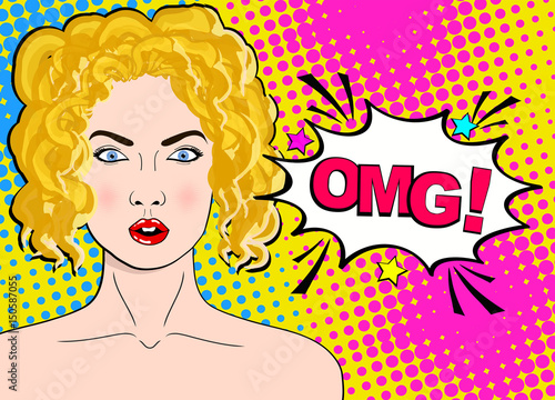 Sexy surprised blonde pop art woman with wide open eyes and mouth and words OMG. Vector background in comic retro pop art style.