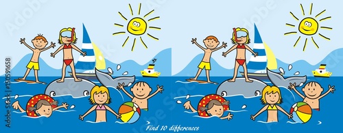 Children on the beach, water sports. Boys and girls playing in the sea. Funny vector illustration. Game for children - find ten differences.
