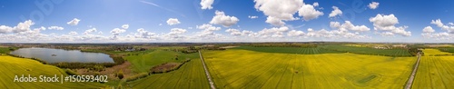  Aerial view 360 degree panorama of colorful raps fields with a lake under blue sky in germany