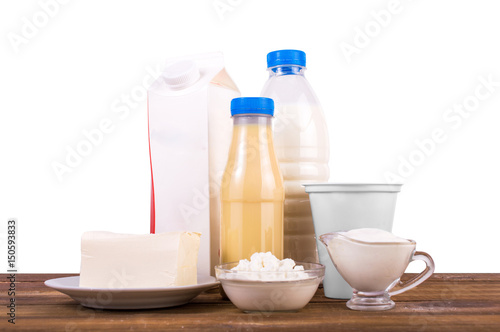 Dairy products on a wooden background