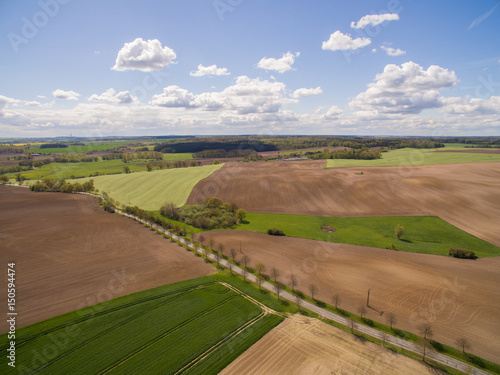 Aerial view of a country road in beautiful agricultural fields under blue sky  - germany
