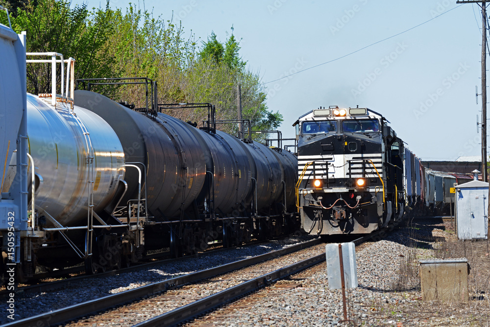 Fototapeta premium train locomotive passing additional freight train on parallel tracks