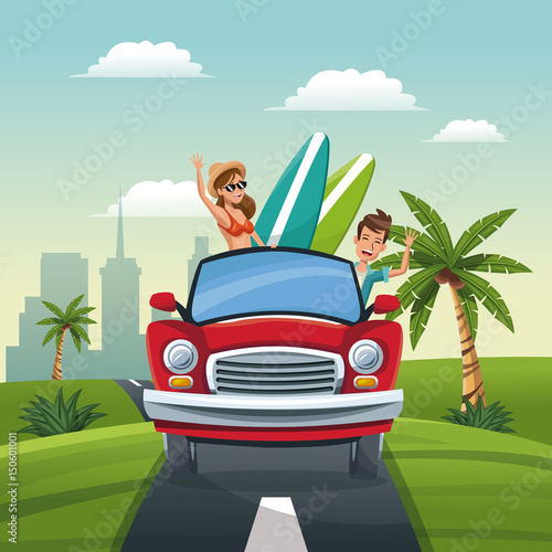 couple car travel vacation road landscape city background vector illustration
