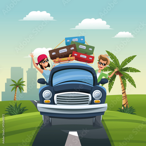 couple car baggage travel vacation road landscape city background vector illustration