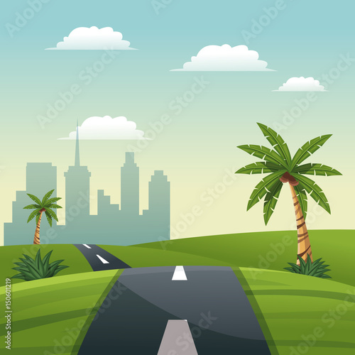road meadow palm tree - cartoon city background vector illustration