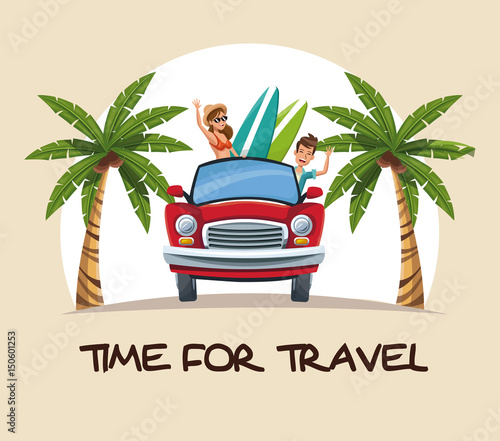 time for travel. couple car with surfboard palm tree beach design vector illustration