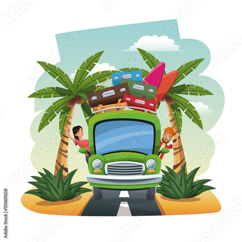 cartoon couple bus baggage surfboard on the tropical road vector illustration