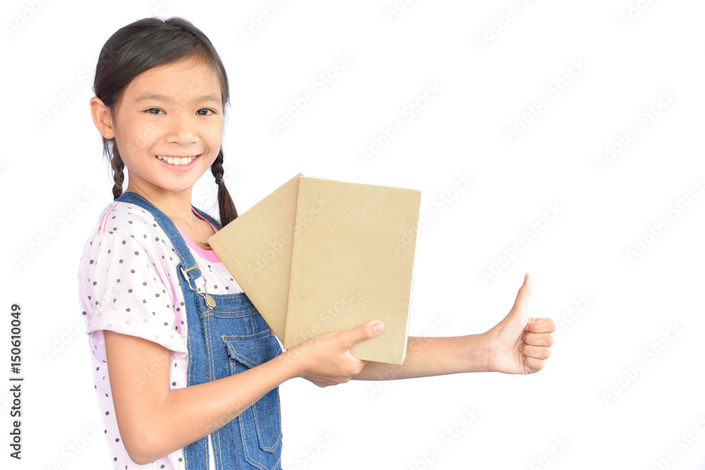 Portrait of little Asian girl holding a book on white background Portrait of little Asian girl holding a book on white background
