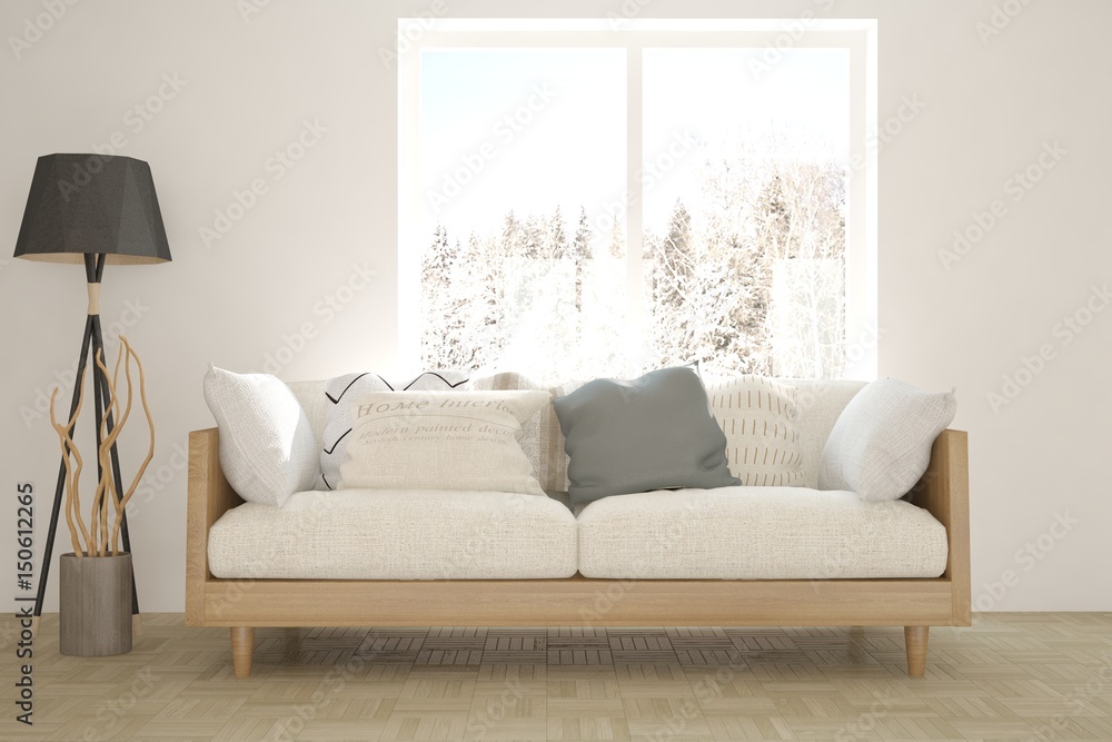 White room with sofa and winter landscape in window. Scandinavian interior design. 3D illustration White room with sofa and winter landscape in window. Scandinavian interior design. 3D illustration