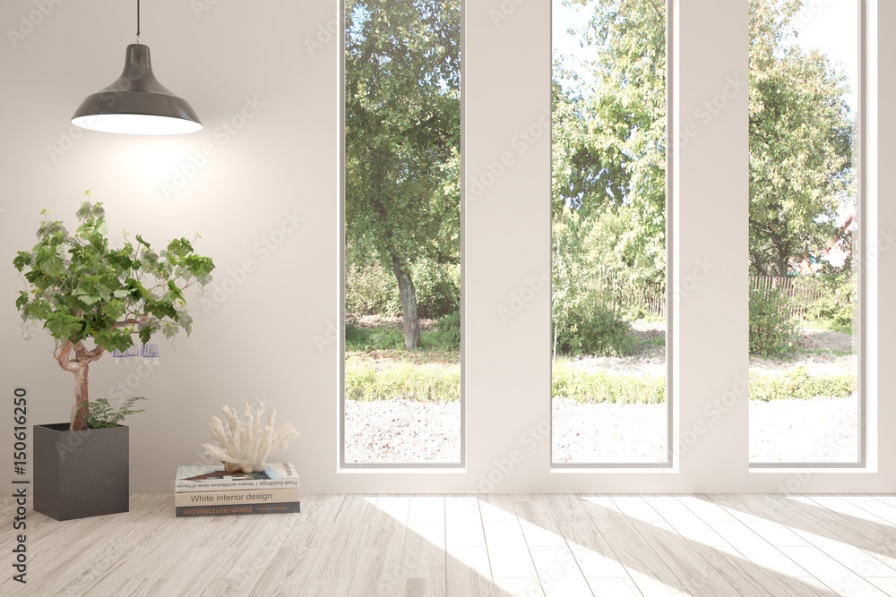 Fototapeta premium White empty room with green landscape in window. Scandinavian interior design. 3D illustration