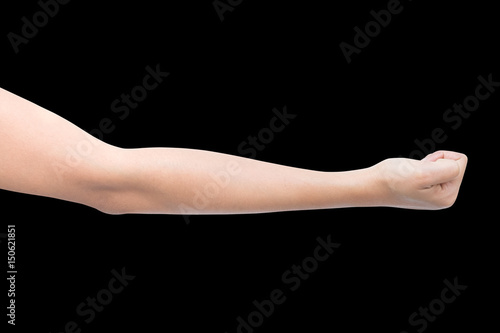 right side hand a woman show the zero number, hammer, raise number, count number, right hand Pretending to punch, isolated over black background