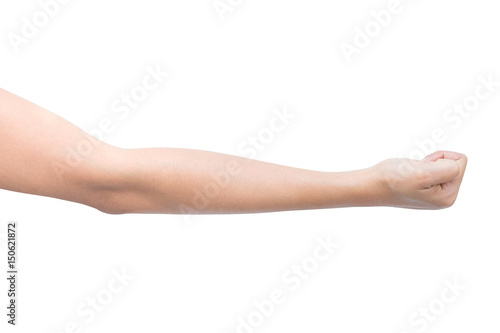 right side hand a woman show the zero number, hammer, raise number, count number, right hand Pretending to punch, isolated over white background