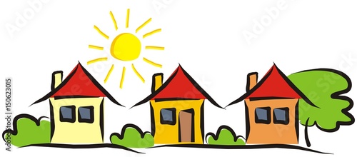 Group of houses. Landscape with houses and bushes and trees. Sun on the sky. Vector illustration.