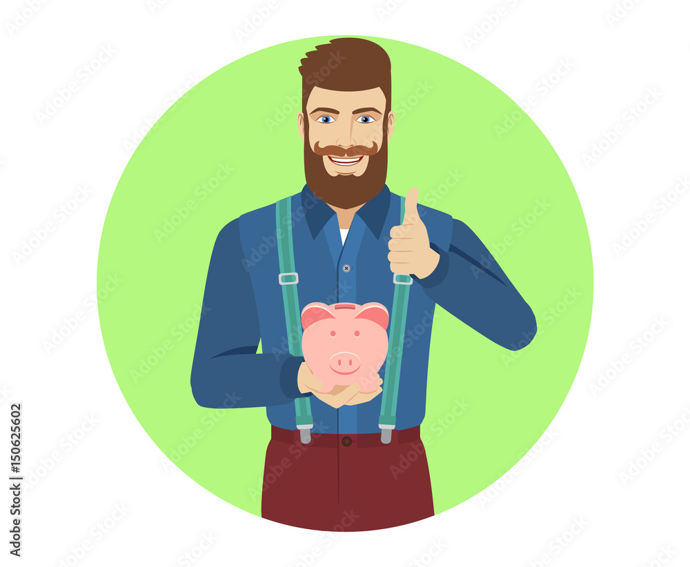 Hipster with piggy bank showing the thumb up