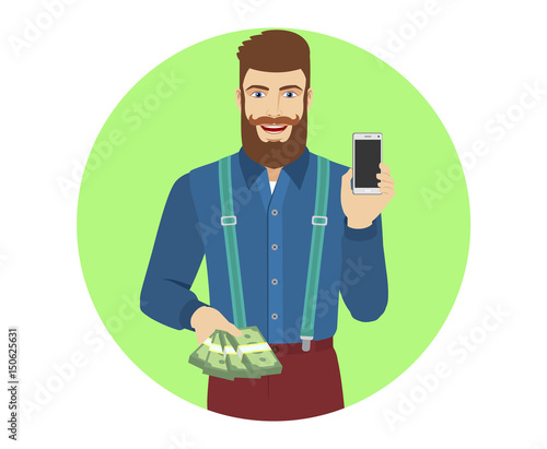 Hipster with cash money holding mobile phone