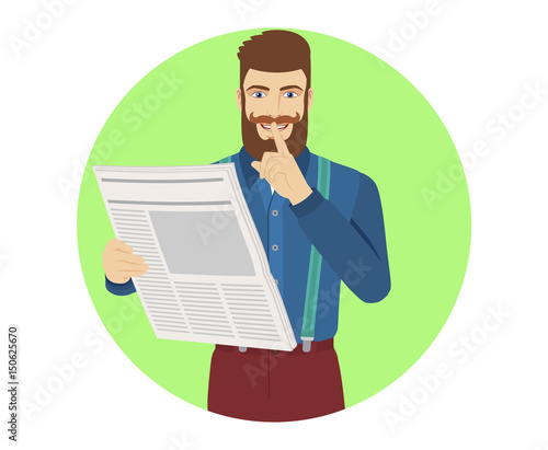 Hipster with newspaper showing hush-hush sign
