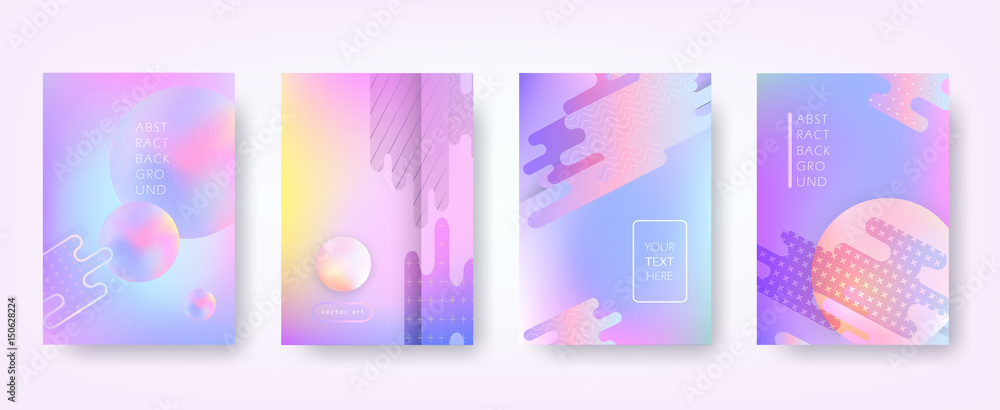 Abstract vector backgrounds in trendy hipster style with blurry fluid 3d forms and elements of memphis style. Template А4 for design poster, banner, flyer, cover, placard, magazine, book, presentation