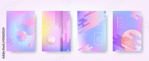 Abstract vector backgrounds in trendy hipster style with blurry fluid 3d forms and elements of memphis style. Template А4 for design poster, banner, flyer, cover, placard, magazine, book, presentation