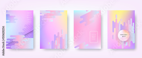 Abstract vector backgrounds in trendy hipster style with blurry fluid 3d forms and elements of memphis style. Template А4 for design poster, banner, flyer, cover, placard, magazine, book, presentation