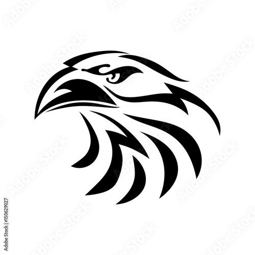 Black graphic drawing of an eagle head on a white background. Abstract bird with a beak. Vector illustration