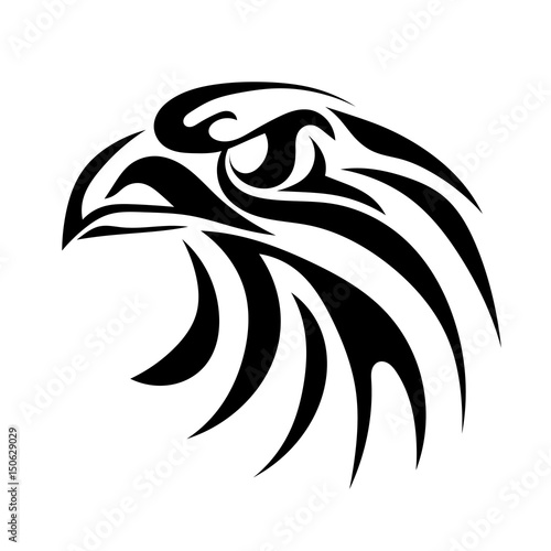 Black graphic image of an eagle head on a white background. Abstract bird with a beak. Vector illustration