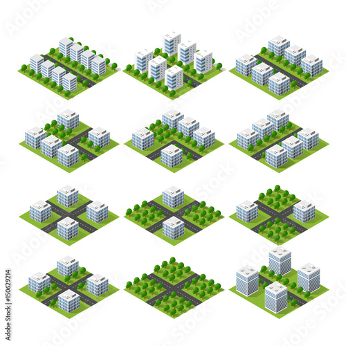 City quarter top view landscape isometric 3D projection with skyscrapers, houses and trees with park