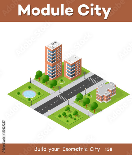 City quarter top view landscape isometric 3D projection with skyscrapers, houses and trees with park © AlexZel