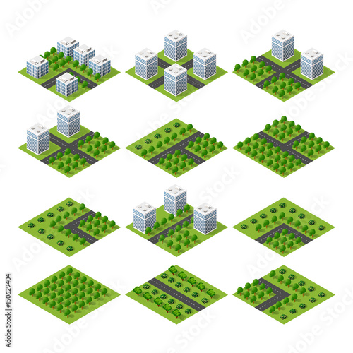 City set quarter top view landscape isometric 3D projection with skyscrapers, houses and trees with park