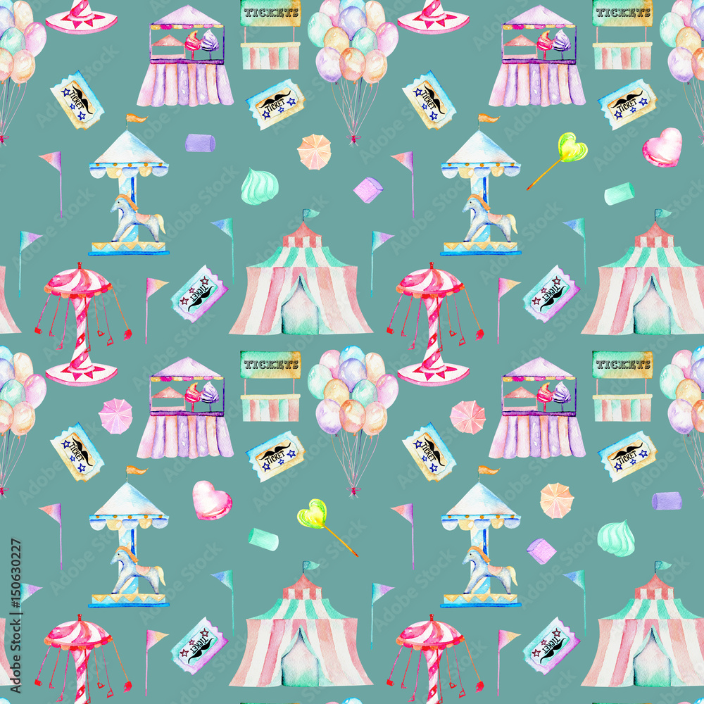 Seamless pattern with watercolor elements of amusement park and candies, hand drawn isolated on a dark blue background