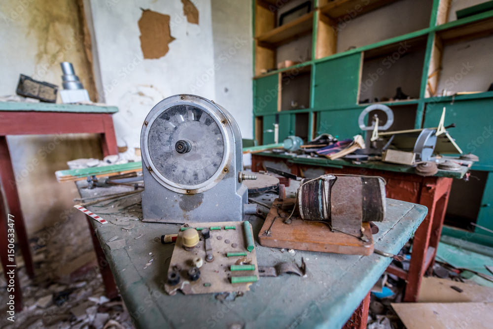 Classroom of abandoned school in Mashevo ghost village, Chernobyl Exclusion Zone, Ukraine