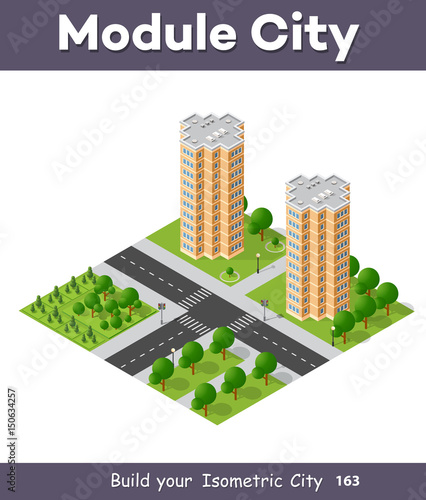 City quarter top view landscape isometric 3D projection with skyscrapers, houses and trees with park