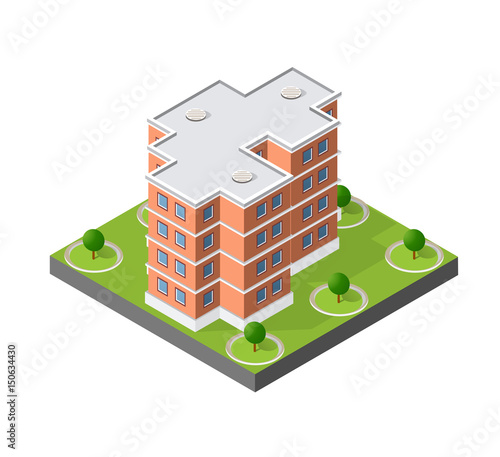 Computer internet icon isometric 3D landscape of the city. Top view of dimensional town modern houses and skyscrapers of urban blocks