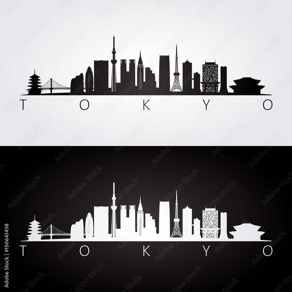 Obraz Tokio, Japonia panoramę i zabytki sylwetka, czarno-biały wzór.