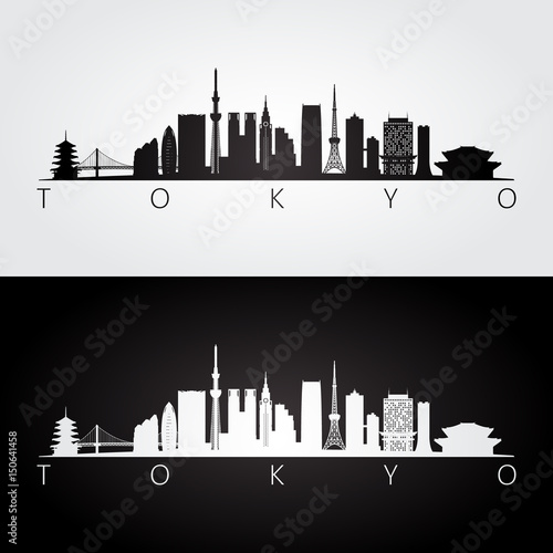 Tokyo, Japan skyline and landmarks silhouette, black and white design.