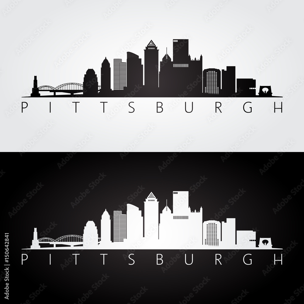 Pittsburgh USA skyline and landmarks silhouette, black and white design.