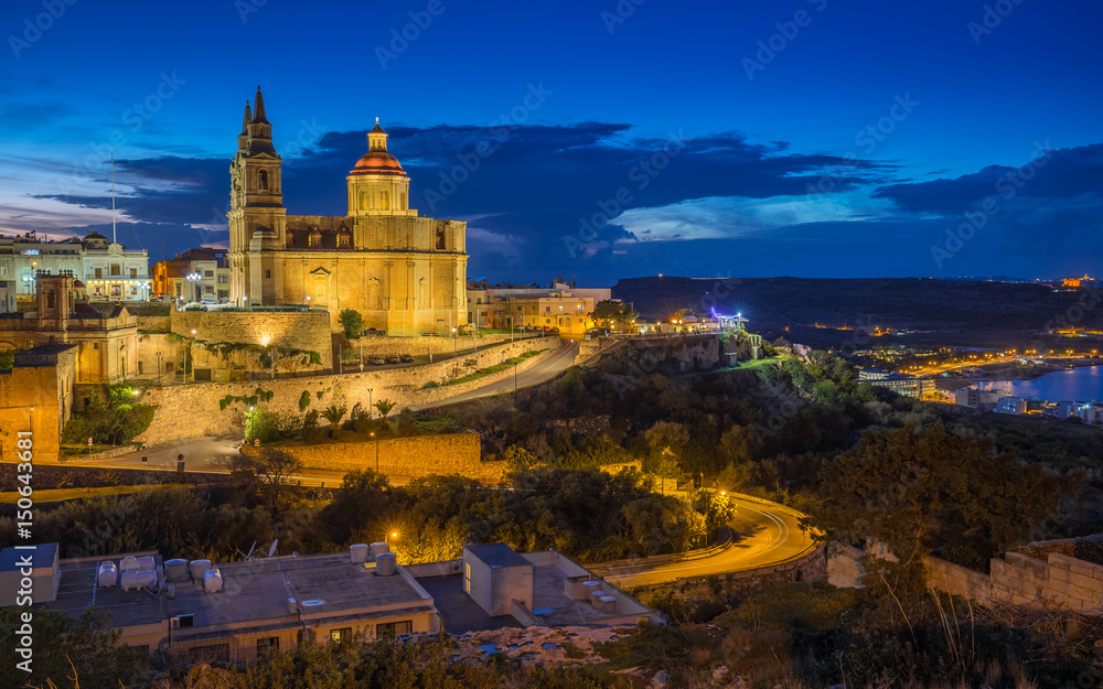 Il-Mellieha, Malta - The Mellieha Parish Church at blue hour