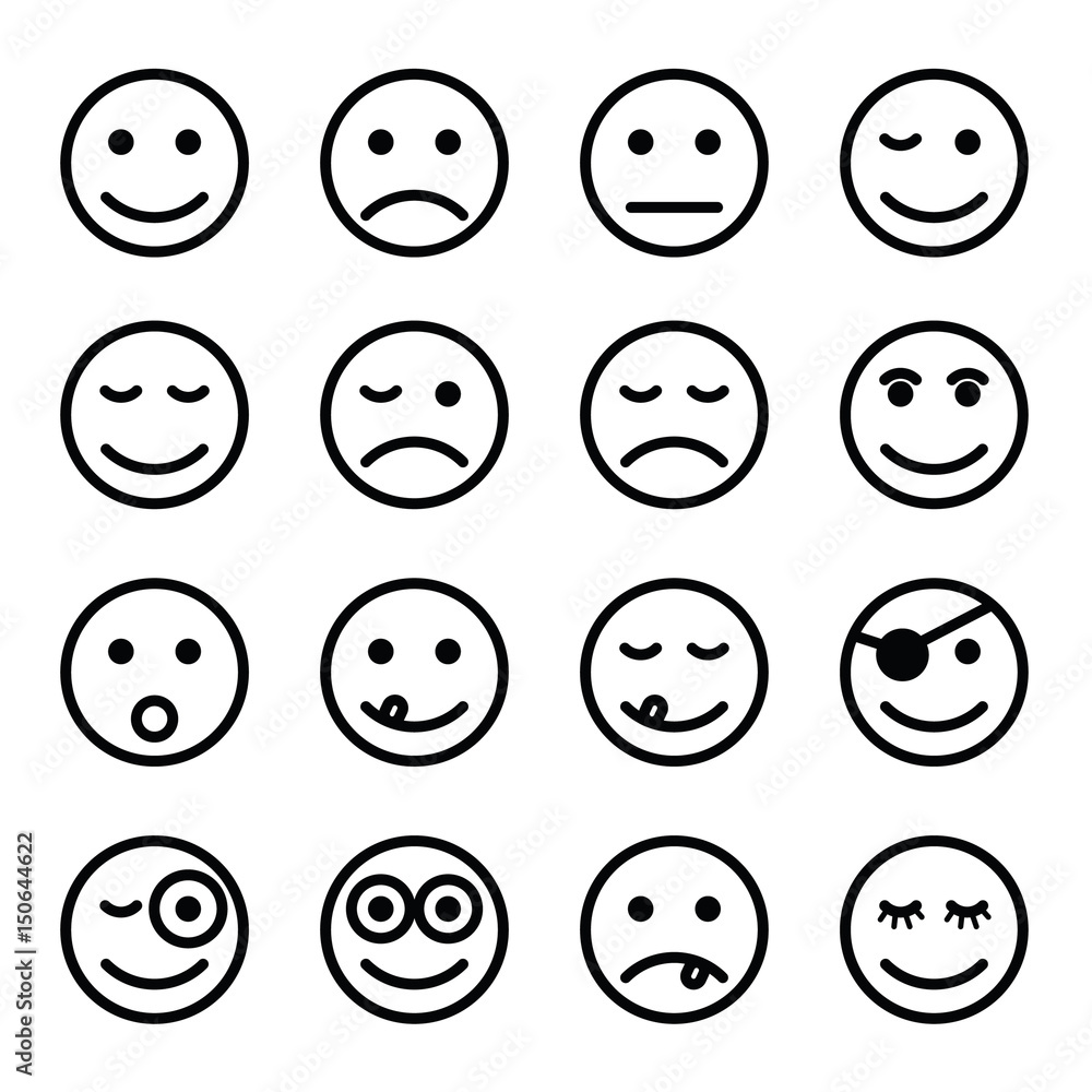 smiley faces in black and white color set illustration smiley faces in black and white color set illustration