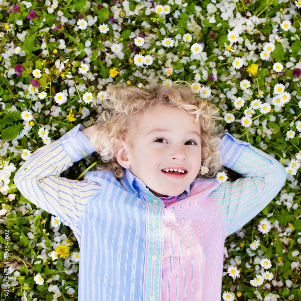 Child on green grass lawn with summer flowers Child on green grass lawn with summer flowers