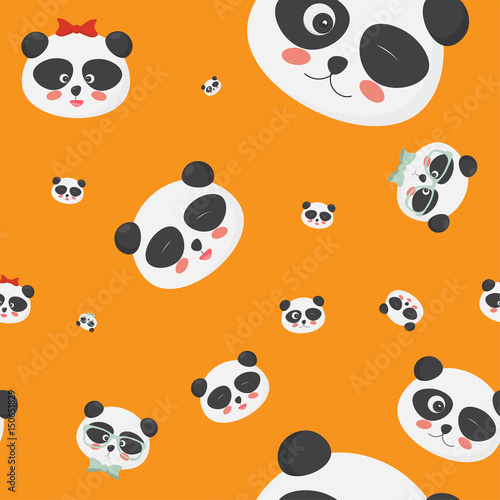 Fototapeta Naklejka Na Ścianę i Meble -  Vector seamless pattern: panda bear faces on a yellow background, panda faces with different emotions.