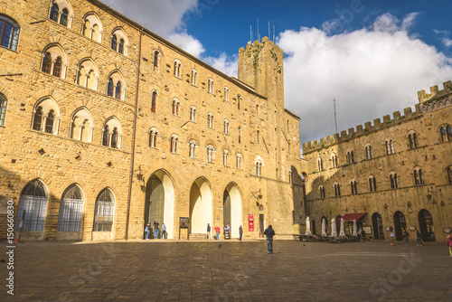 View of the main square of the small and famous town of Volterra, Italy. © Overburn