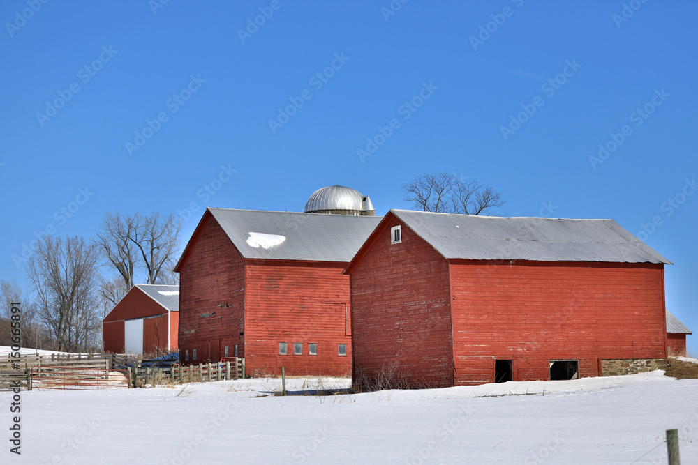 Old Red Barn in Winter Scene Old Red Barn in Winter Scene