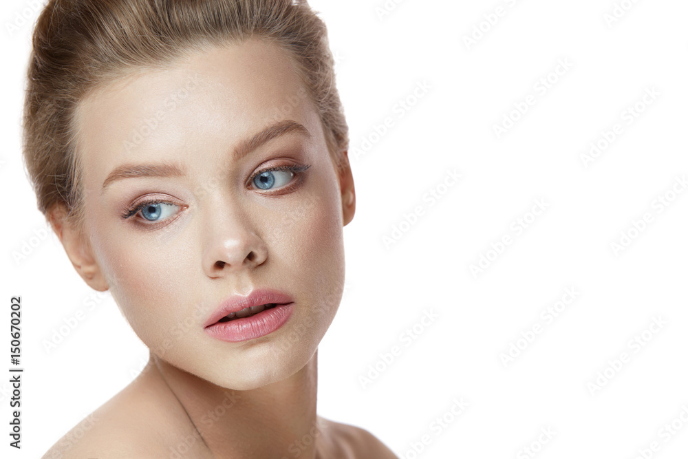 Beauty Face. Beautiful Female Model Posing On White Background Beauty Face. Beautiful Female Model Posing On White Background