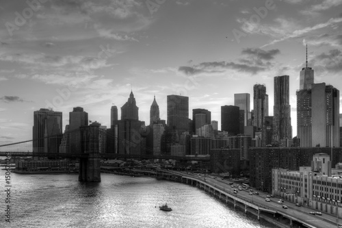 Black and white skyline of Manhattan skyscrapers in New York City