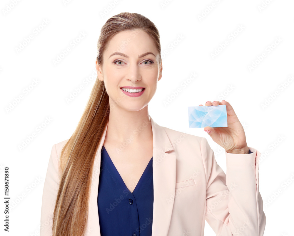 Beautiful young woman with business card on white background Beautiful young woman with business card on white background